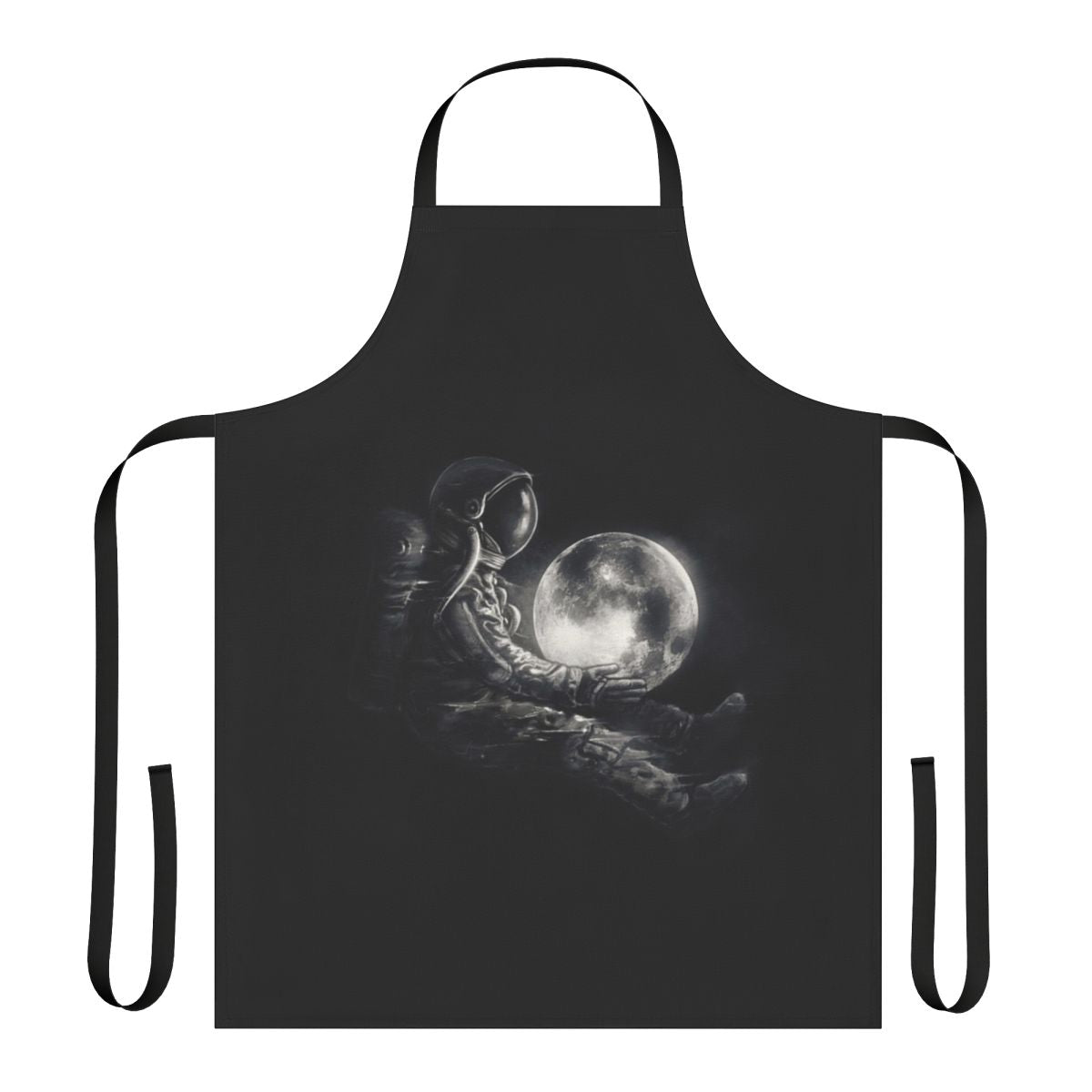 Black and white image of an apron with a surreal, space-inspired design featuring planets, stars, and an astronaut silhouette.
