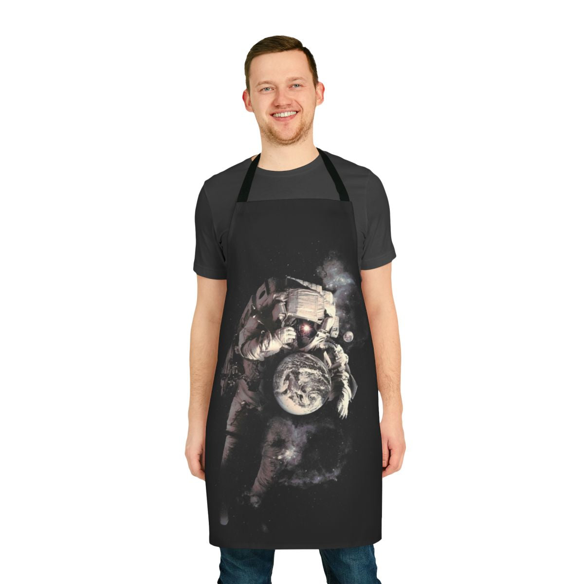 Cosmic and spacey apron featuring a galaxy print and astronaut design