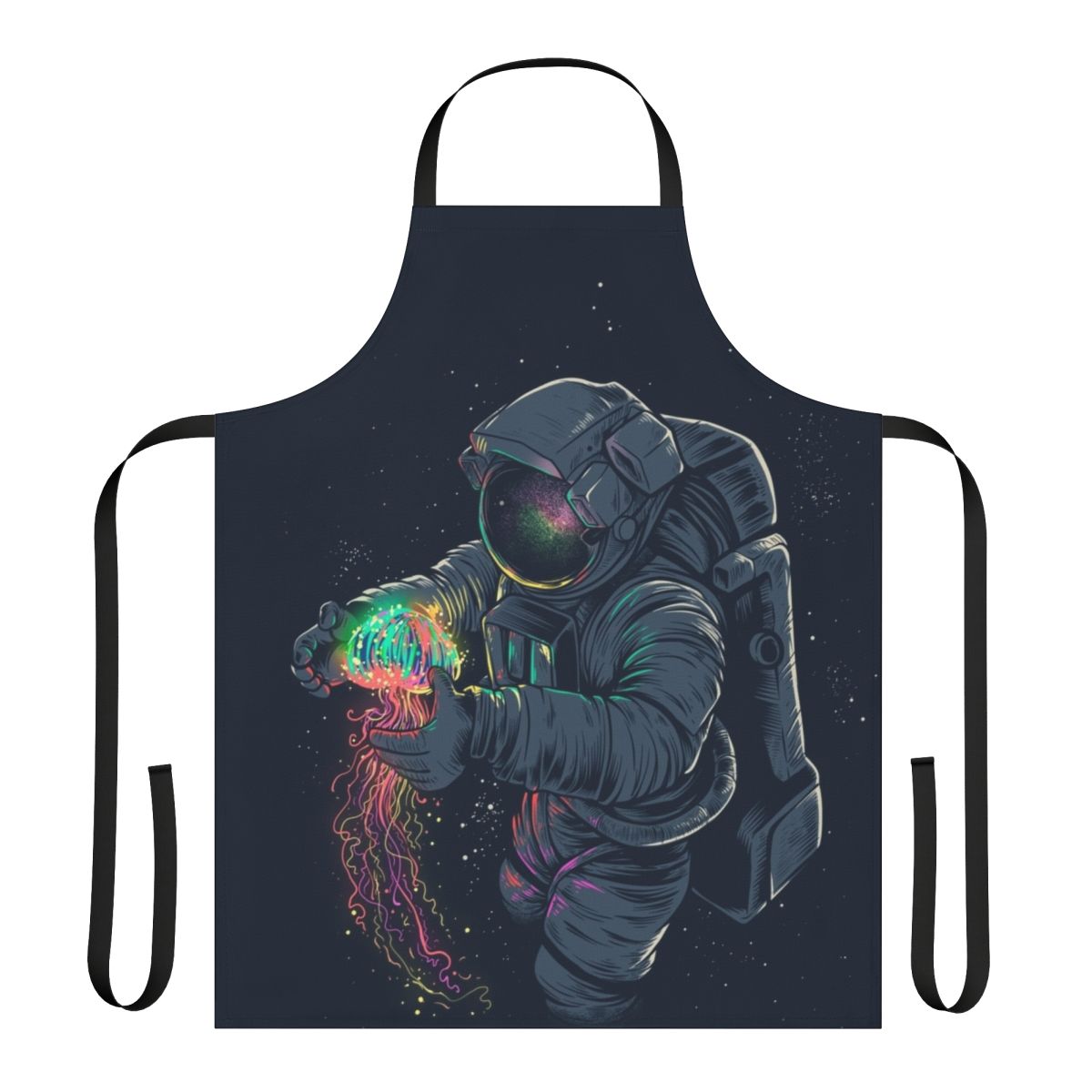 A vibrant, galaxy-inspired apron with an astronaut, jellyfish, and cosmic elements.