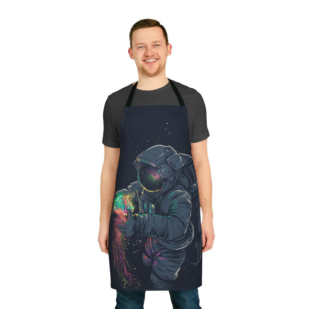 A vibrant, galaxy-inspired apron with an astronaut, jellyfish, and cosmic elements.