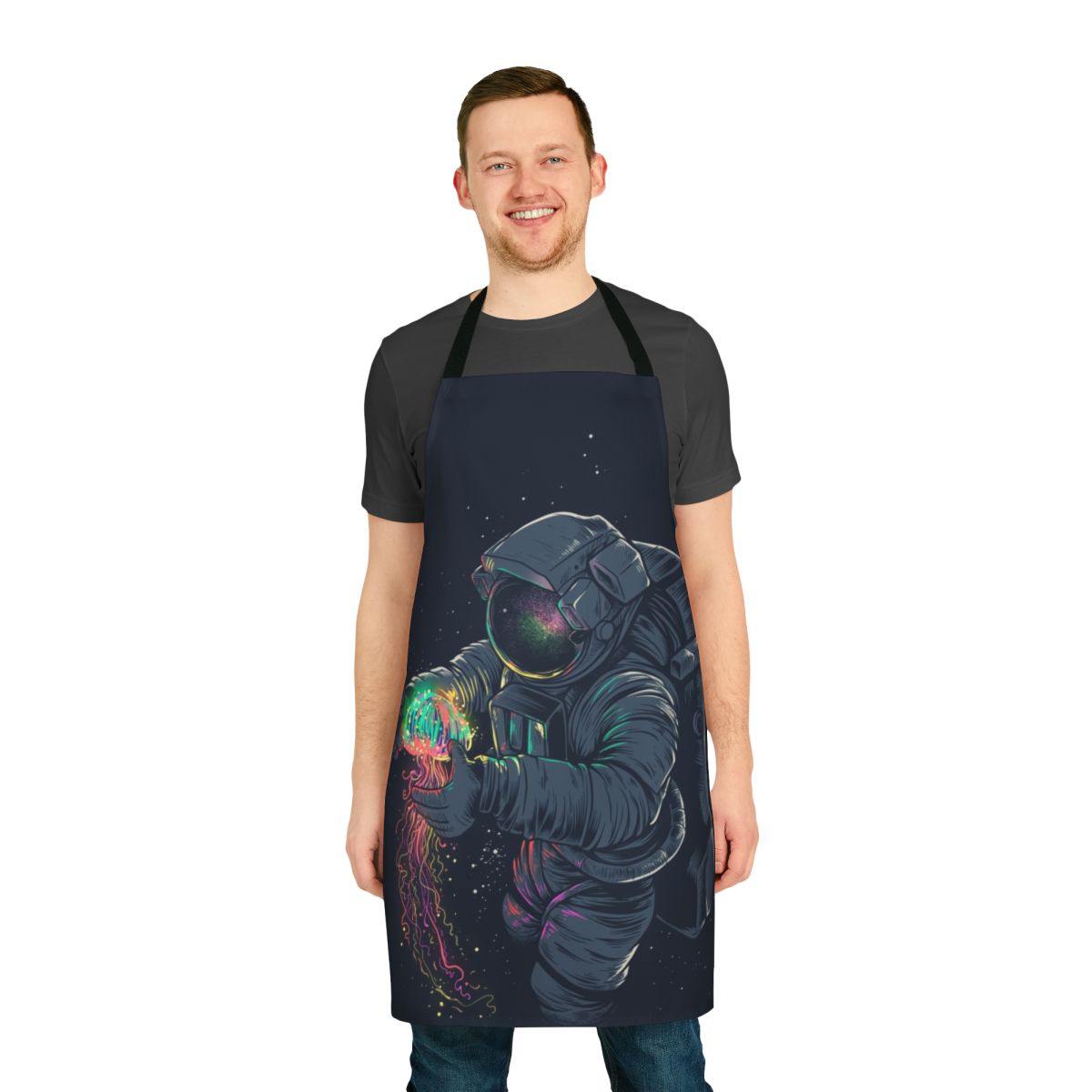 A vibrant, galaxy-inspired apron with an astronaut, jellyfish, and cosmic elements.