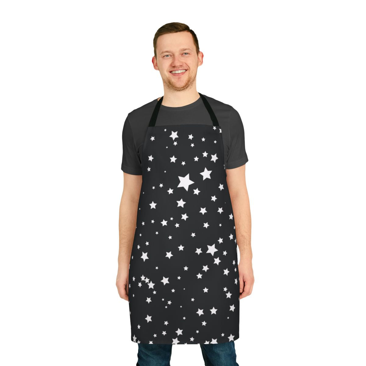 Apron featuring a scattered star pattern in black and white, creating a cosmic, galaxy-inspired design.