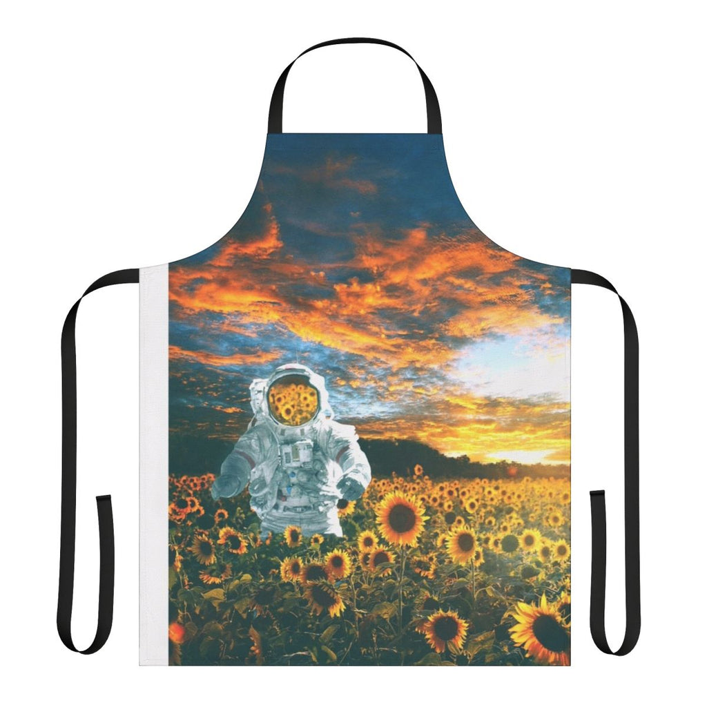 Cosmic sunflower apron featuring a spaceman or astronaut design against a starry galaxy background