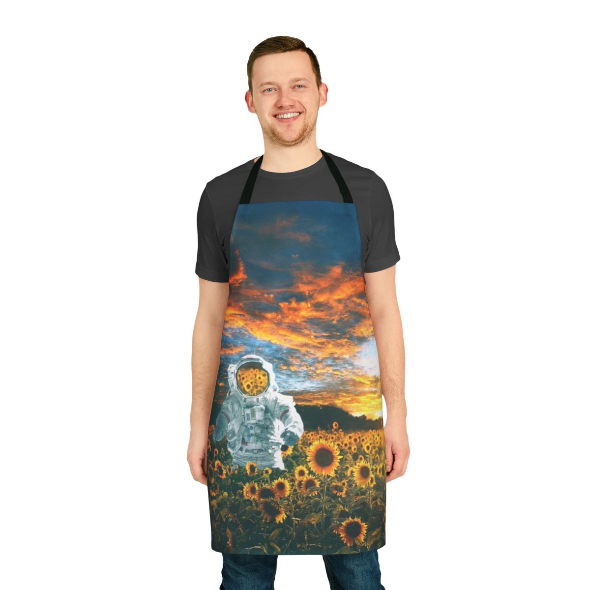 Cosmic sunflower apron featuring a spaceman or astronaut design against a starry galaxy background