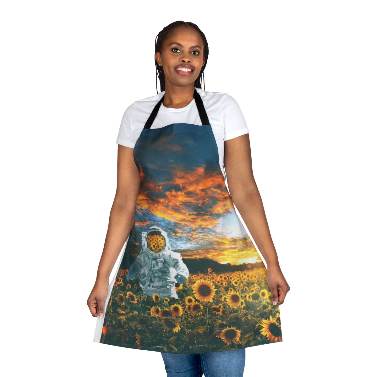 Cosmic sunflower apron featuring a spaceman or astronaut design against a starry galaxy background