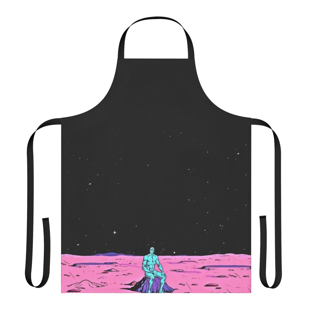An apron featuring a comic-style illustration of Dr. Manhattan sitting on the surface of Mars.