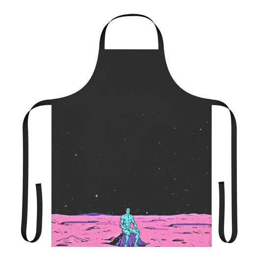 An apron featuring a comic-style illustration of Dr. Manhattan sitting on the surface of Mars.
