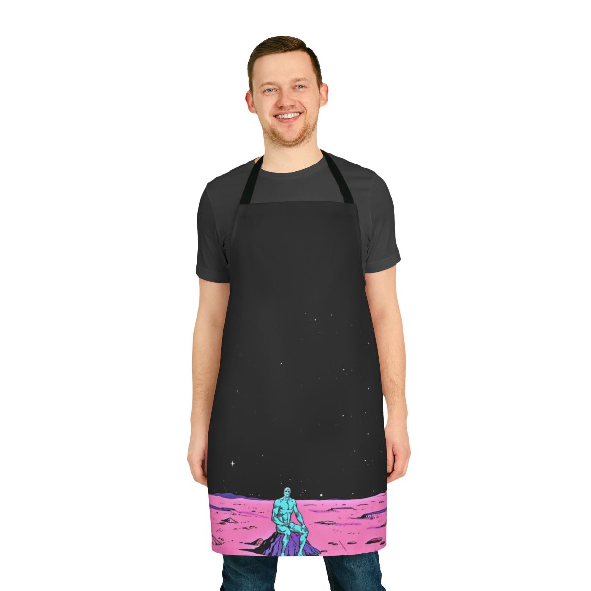 An apron featuring a comic-style illustration of Dr. Manhattan sitting on the surface of Mars.
