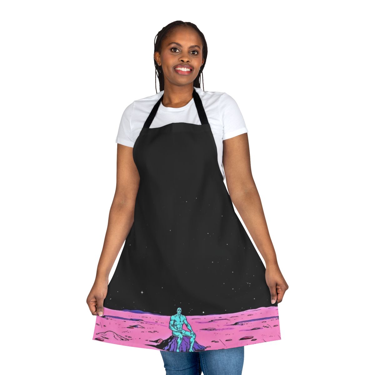 An apron featuring a comic-style illustration of Dr. Manhattan sitting on the surface of Mars.