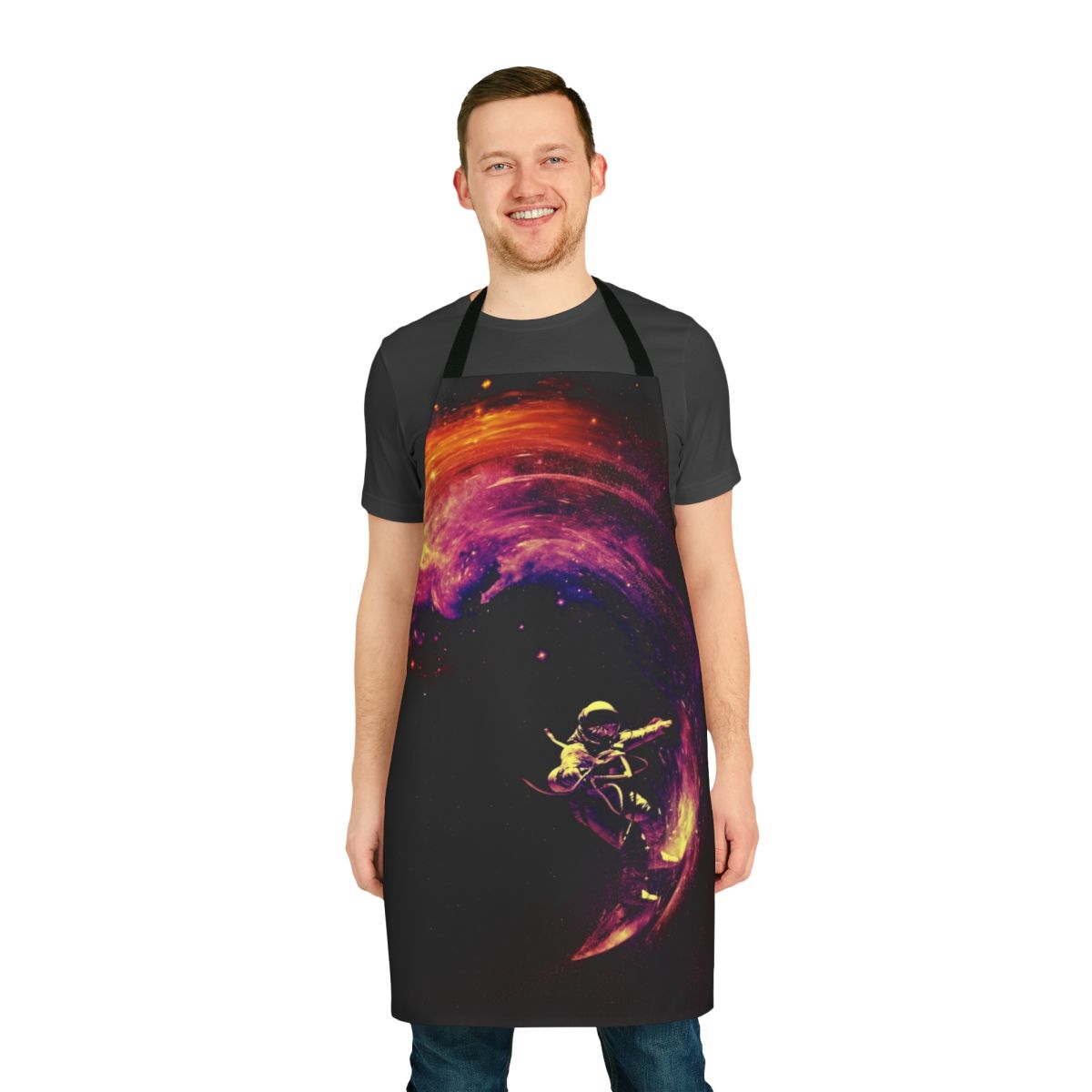 Vibrant space-themed apron with a surreal, cosmic design