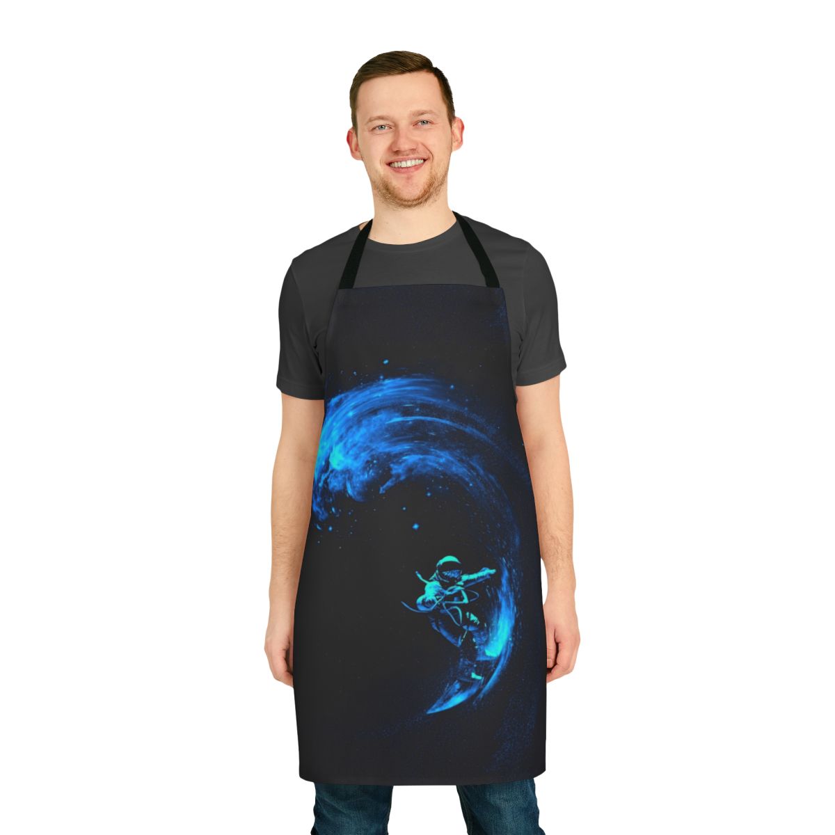 Vibrant apron design featuring space-themed graphics, perfect for cosmic surfers and galactic explorers.