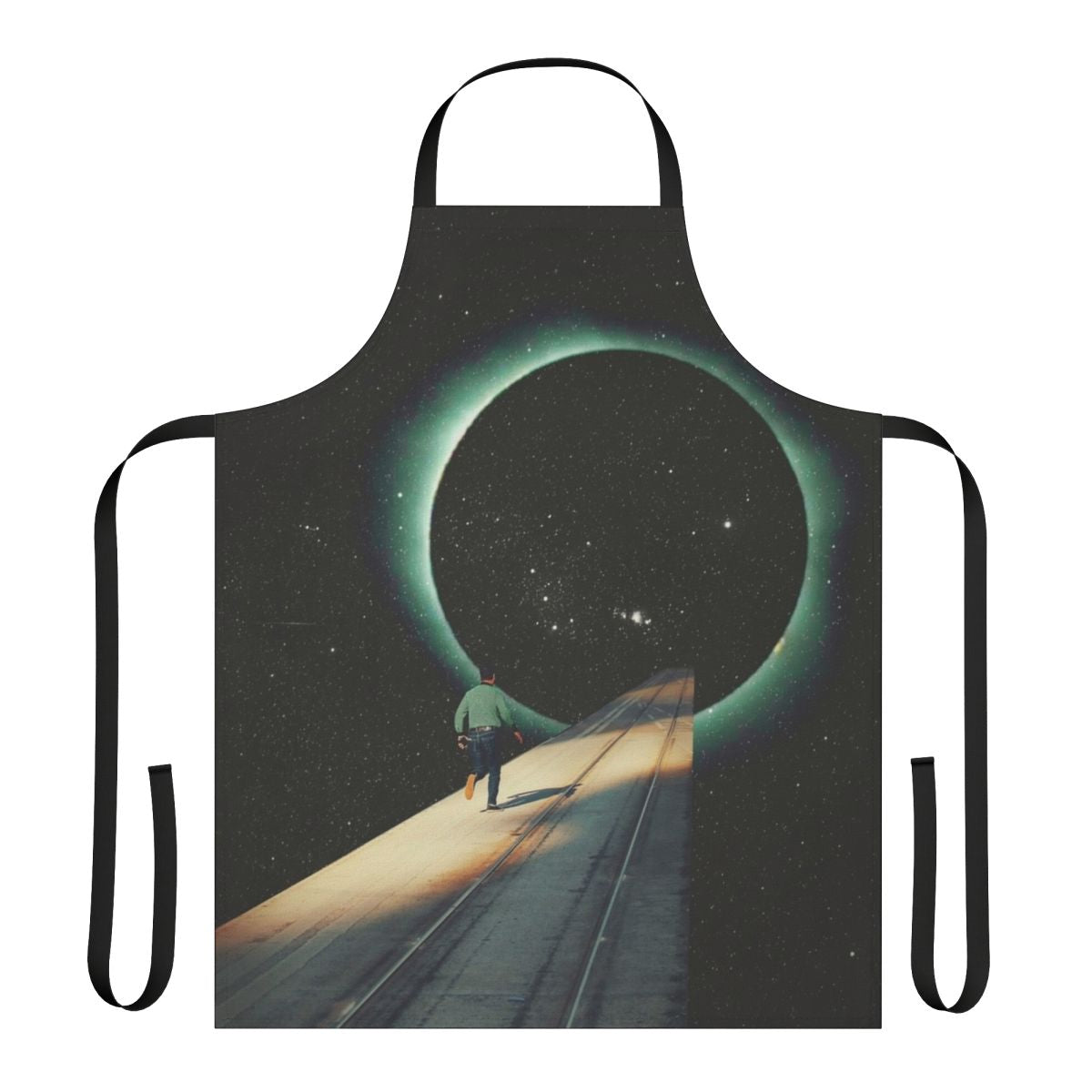 Surreal digital collage design featuring a man alone on a road, surrounded by stars and planets in a dark, dreamy cosmic landscape.