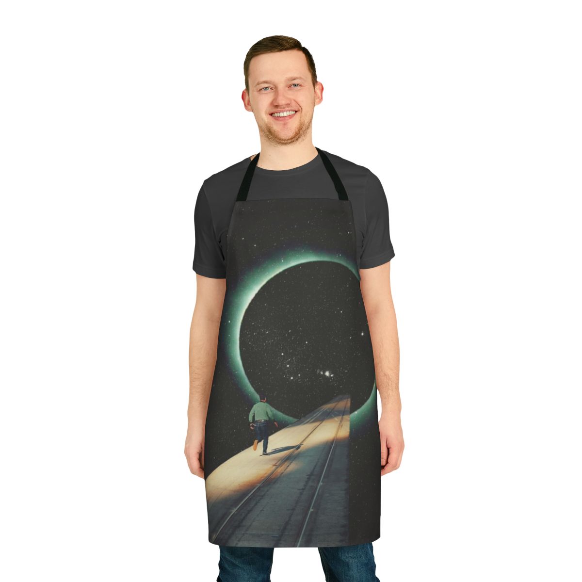 Surreal digital collage design featuring a man alone on a road, surrounded by stars and planets in a dark, dreamy cosmic landscape.