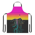 Vibrant apron featuring a retro-futuristic sunrise over a mountain landscape with cosmic elements