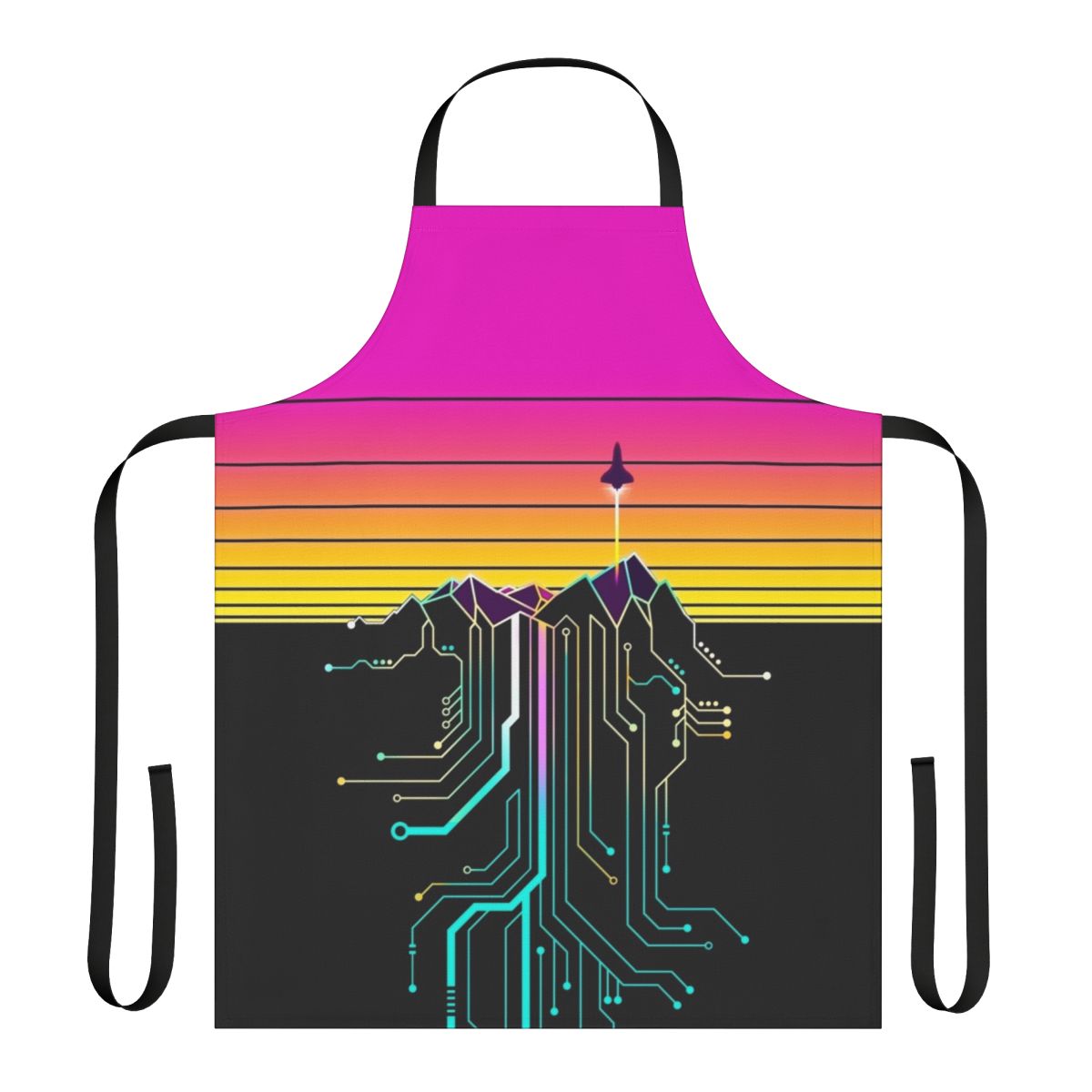 Vibrant apron featuring a retro-futuristic sunrise over a mountain landscape with cosmic elements