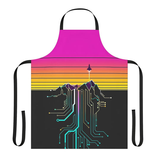 Vibrant apron featuring a retro-futuristic sunrise over a mountain landscape with cosmic elements