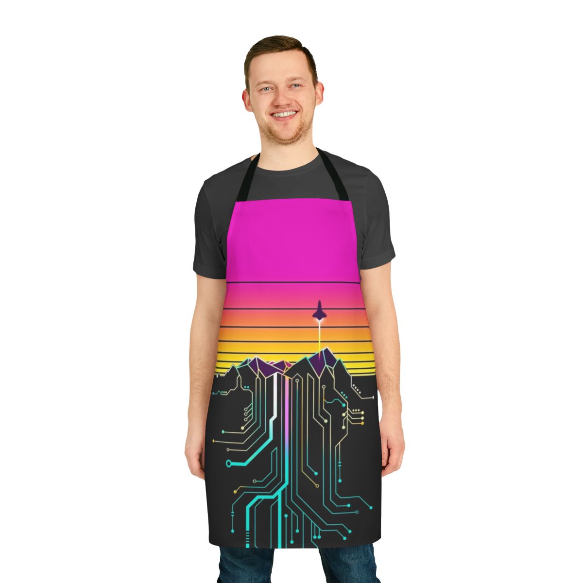 Vibrant apron featuring a retro-futuristic sunrise over a mountain landscape with cosmic elements