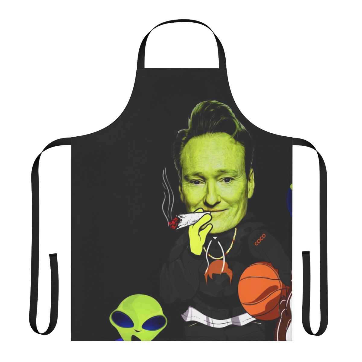 Cosmic-themed apron featuring Team Coco alien design