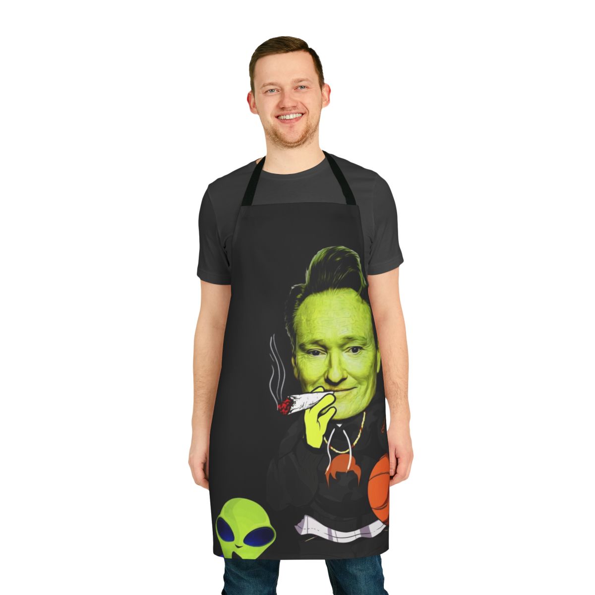 Cosmic-themed apron featuring Team Coco alien design