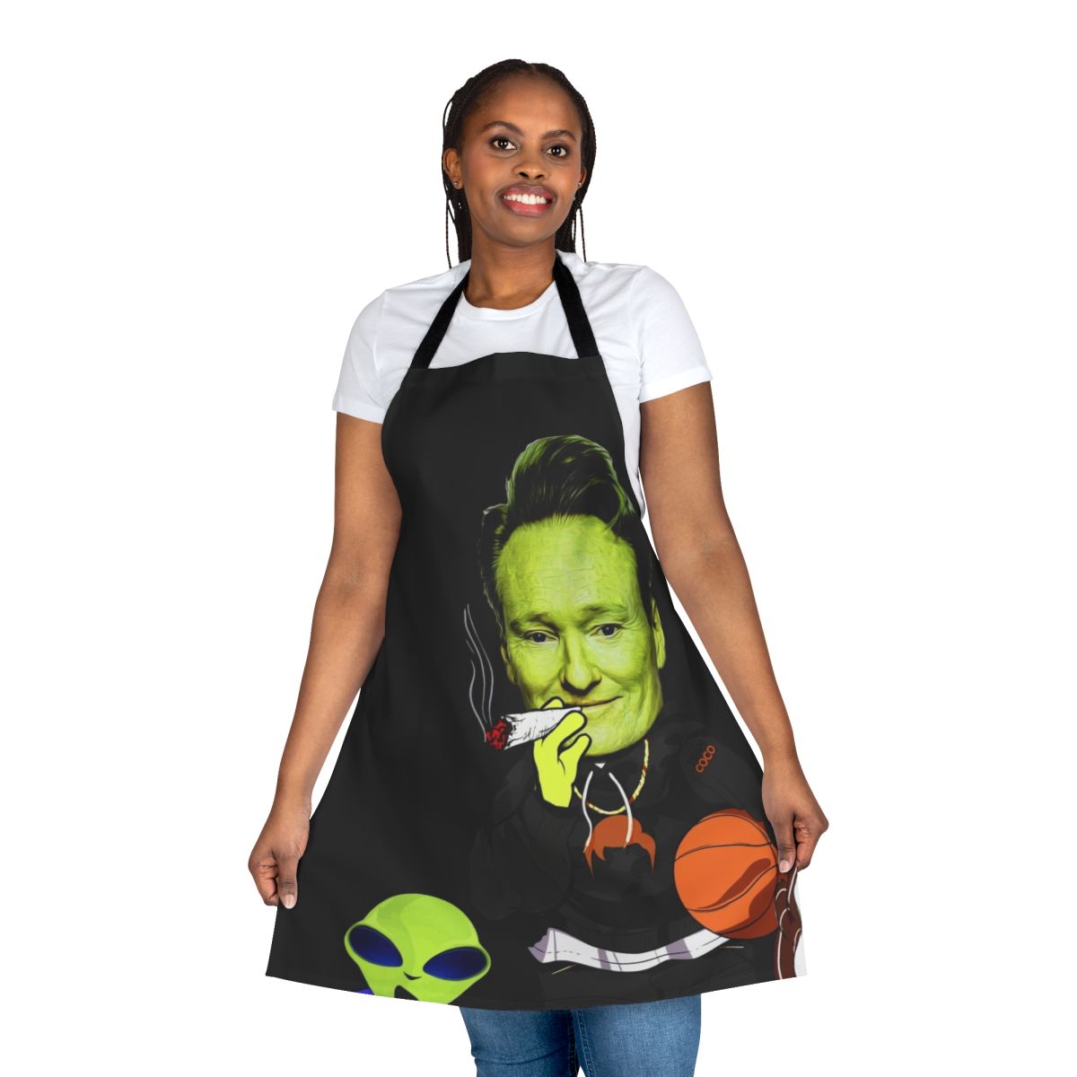 Cosmic-themed apron featuring Team Coco alien design