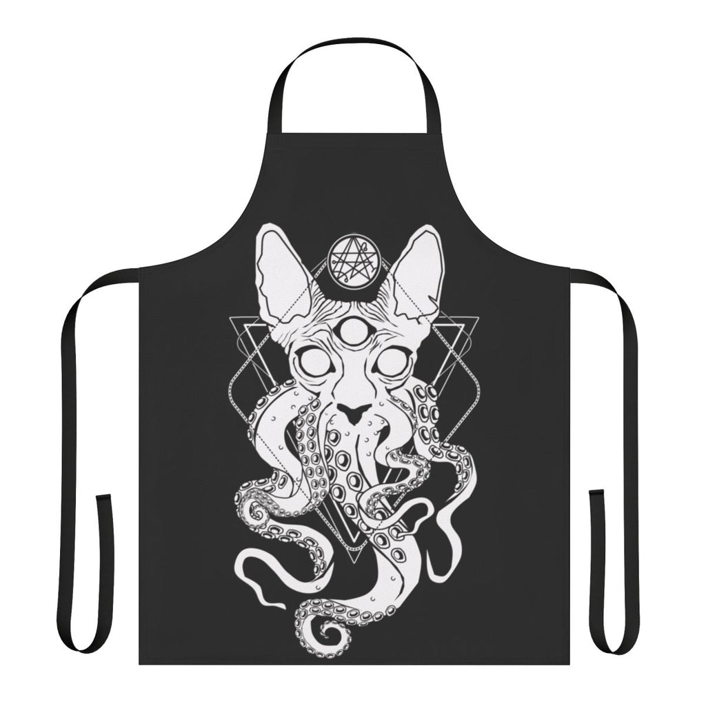A whimsical apron featuring a sphynx cat with cosmic tentacles, inspired by the Cthulhu Mythos of H.P. Lovecraft.