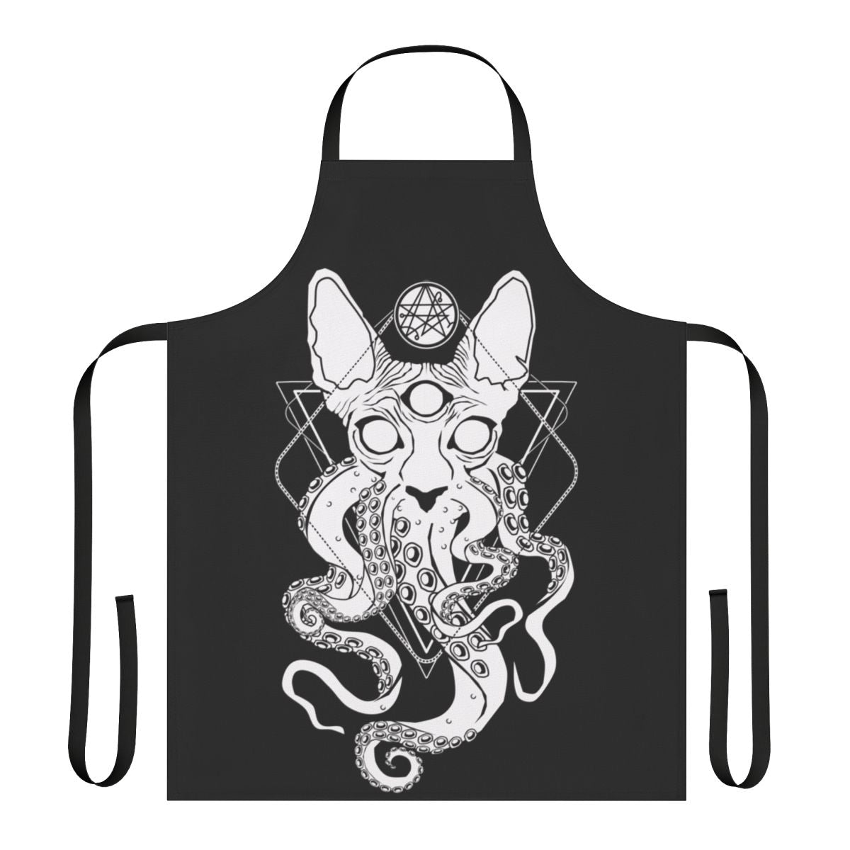 A whimsical apron featuring a sphynx cat with cosmic tentacles, inspired by the Cthulhu Mythos of H.P. Lovecraft.