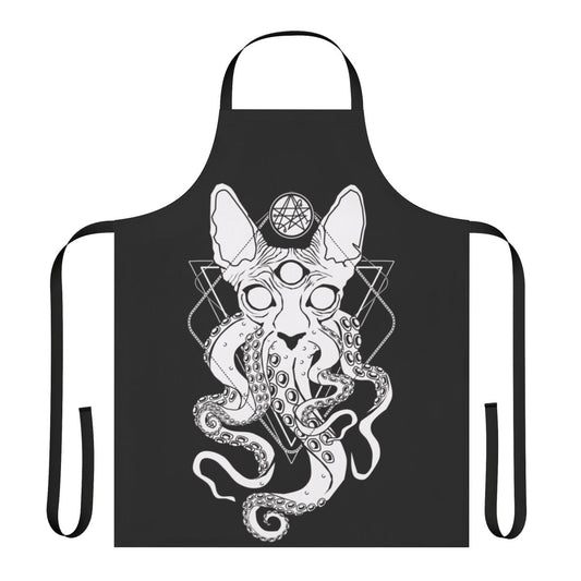 A whimsical apron featuring a sphynx cat with cosmic tentacles, inspired by the Cthulhu Mythos of H.P. Lovecraft.