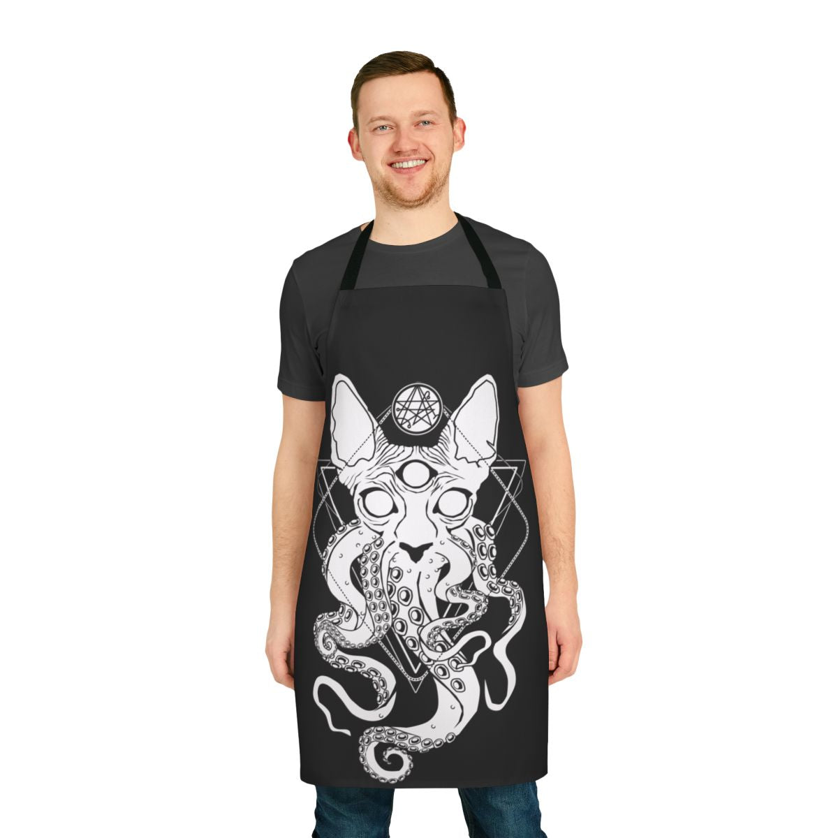 A whimsical apron featuring a sphynx cat with cosmic tentacles, inspired by the Cthulhu Mythos of H.P. Lovecraft.