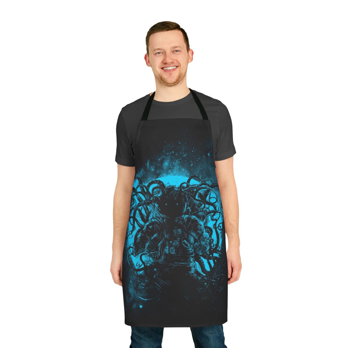 Apron featuring a deep space horror design with an alien monster and stars