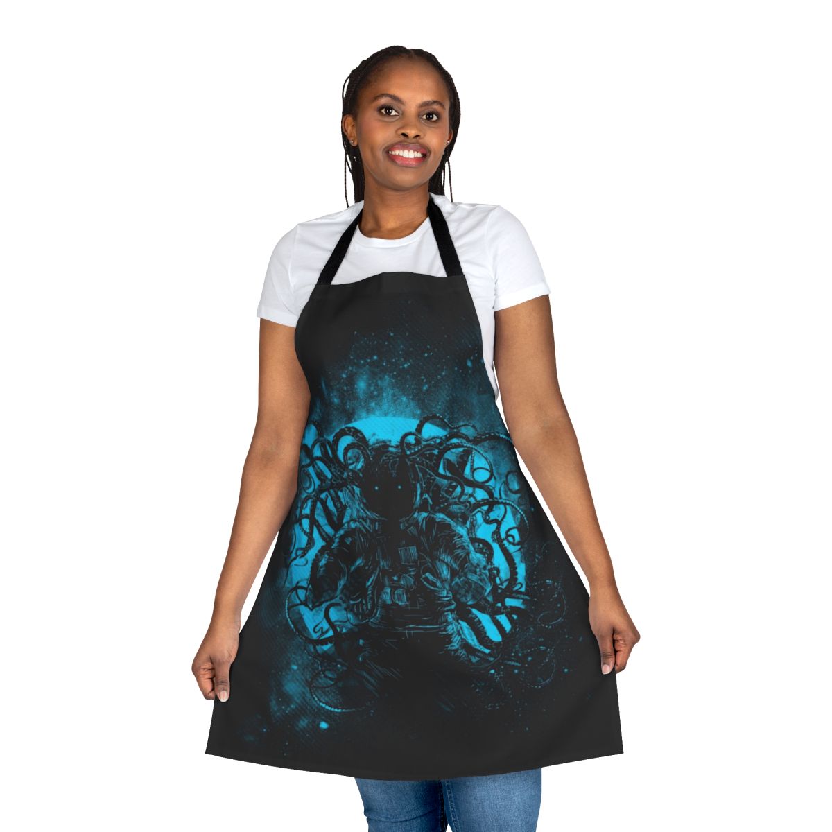 Apron featuring a deep space horror design with an alien monster and stars
