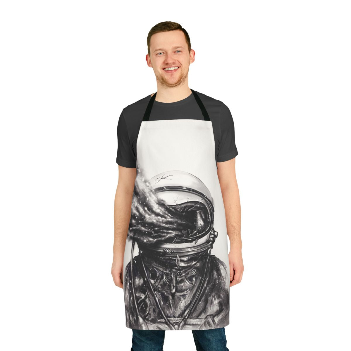 Transposed apron design featuring astronaut, galaxies, and cosmic elements