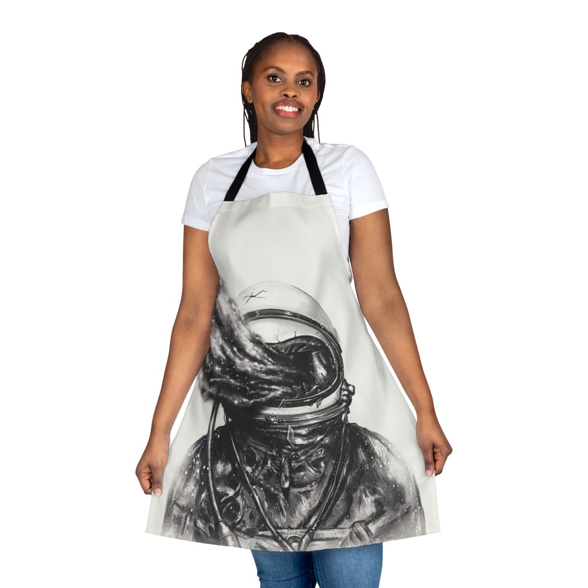 Transposed apron design featuring astronaut, galaxies, and cosmic elements