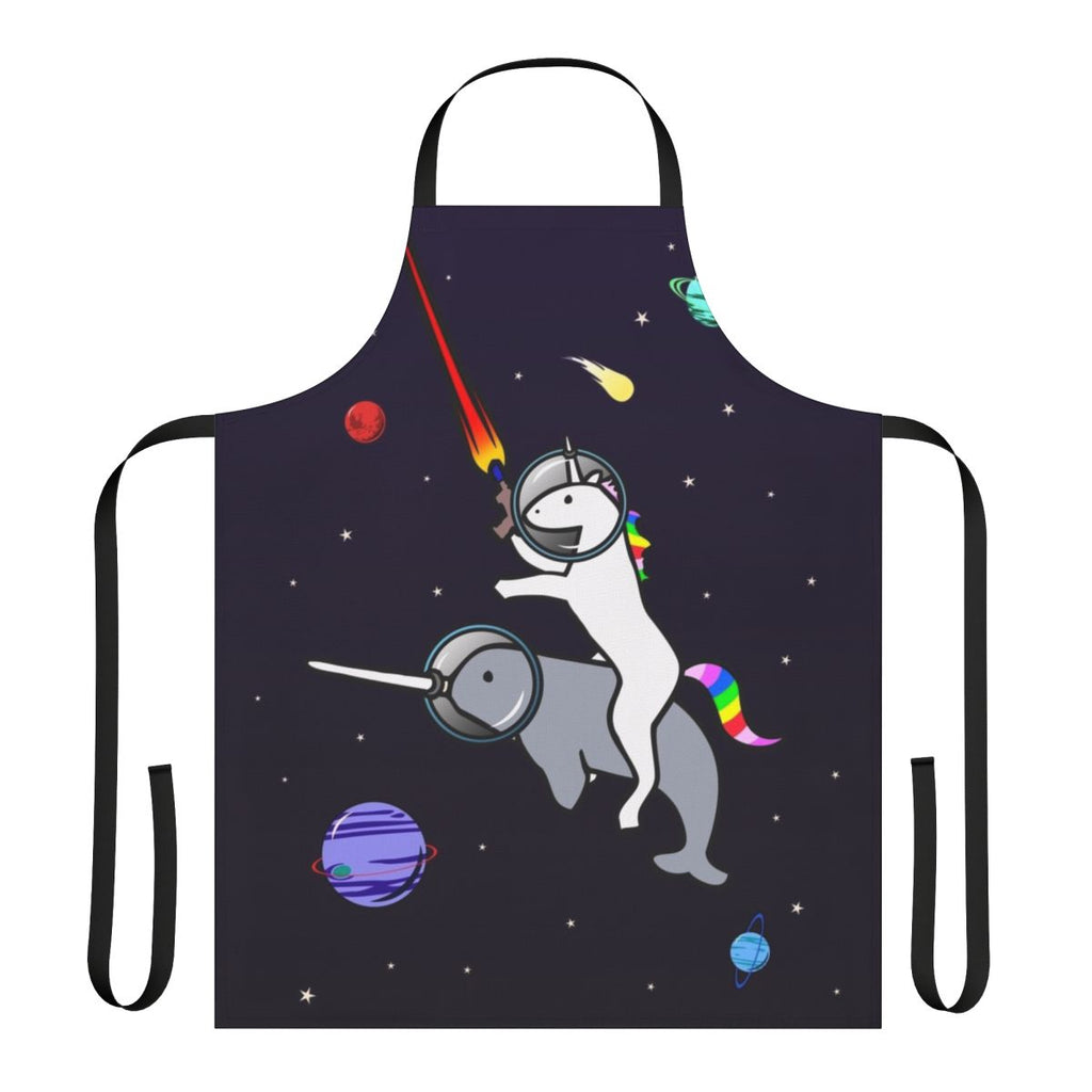 Whimsical apron featuring a unicorn riding a narwhal in outer space