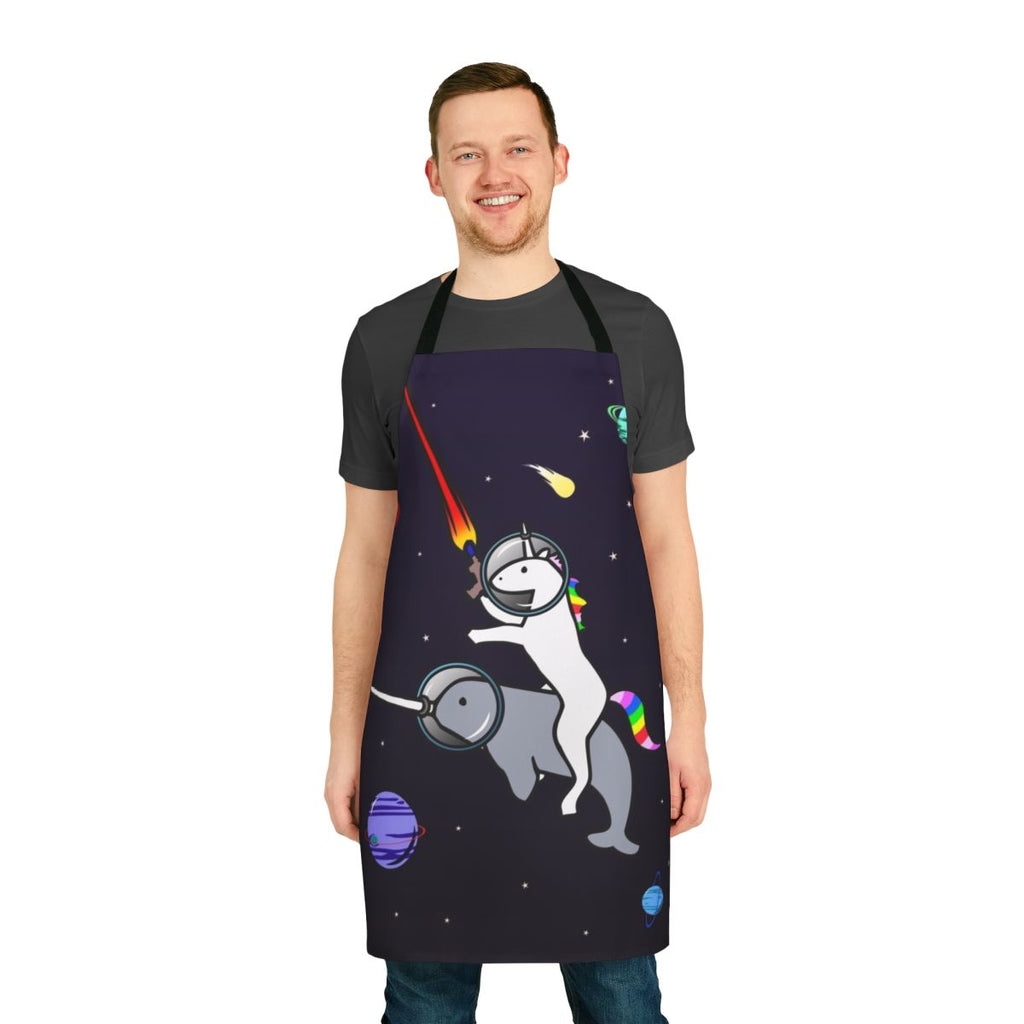 Whimsical apron featuring a unicorn riding a narwhal in outer space