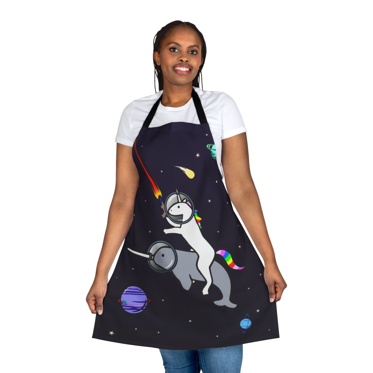 Whimsical apron featuring a unicorn riding a narwhal in outer space