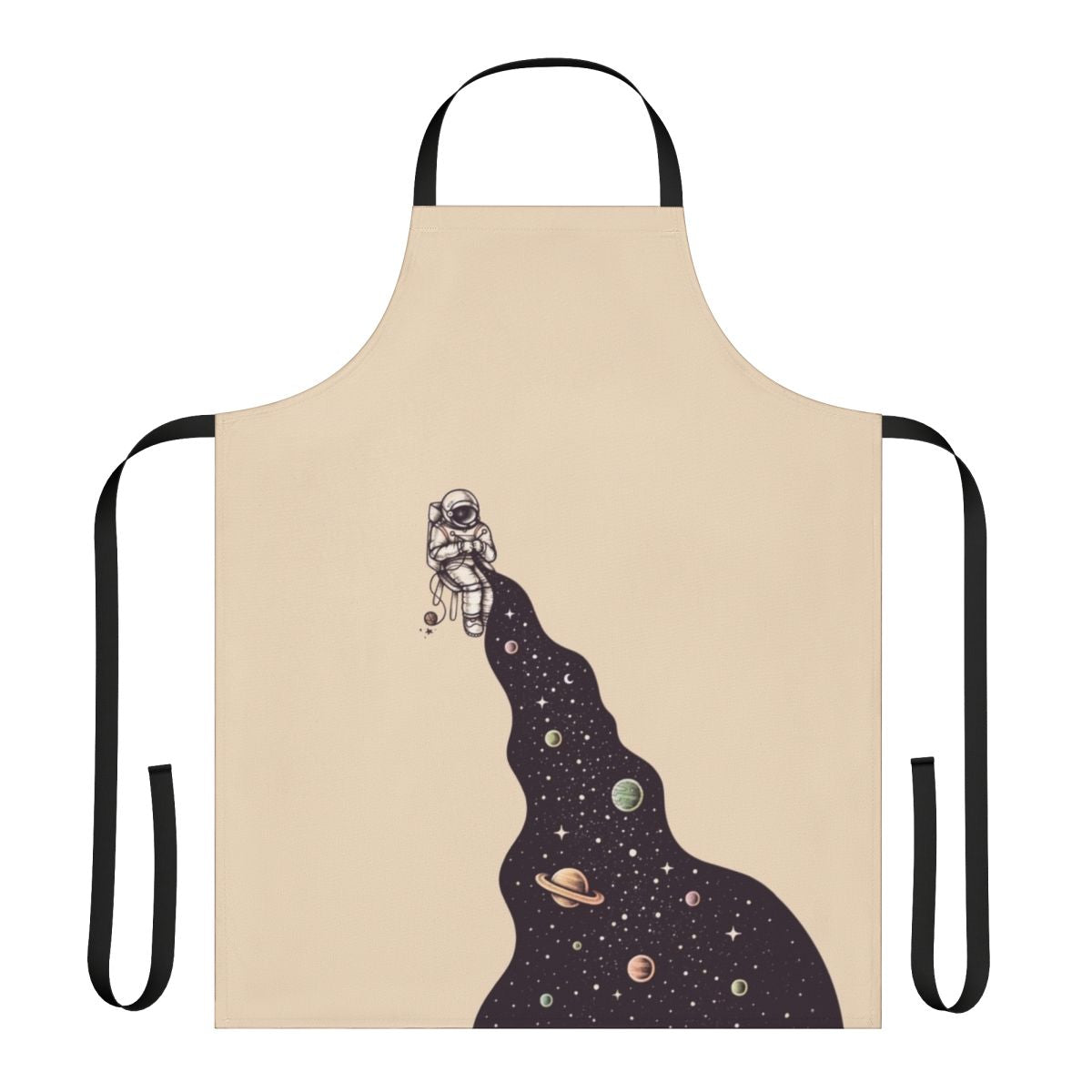 Apron featuring a surreal, cosmic design with stars, planets, and a galaxy
