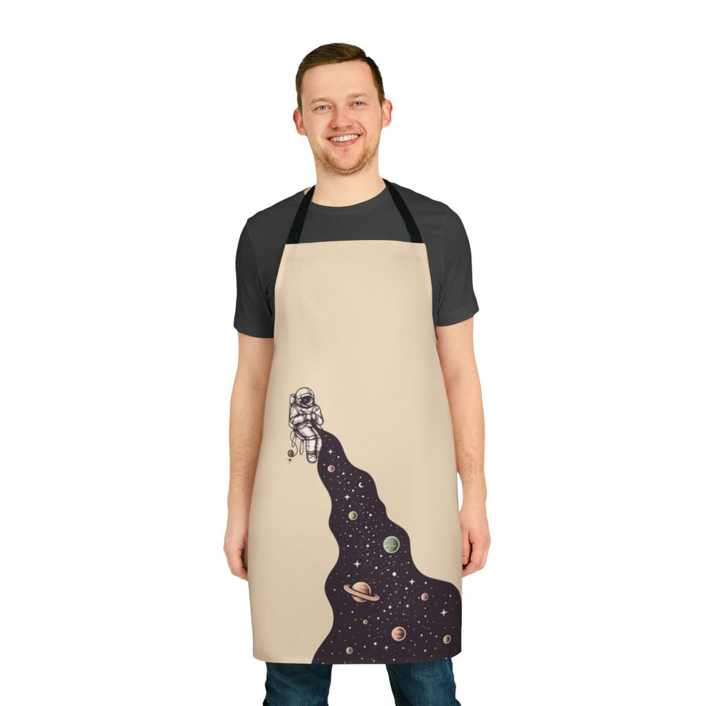 Apron featuring a surreal, cosmic design with stars, planets, and a galaxy