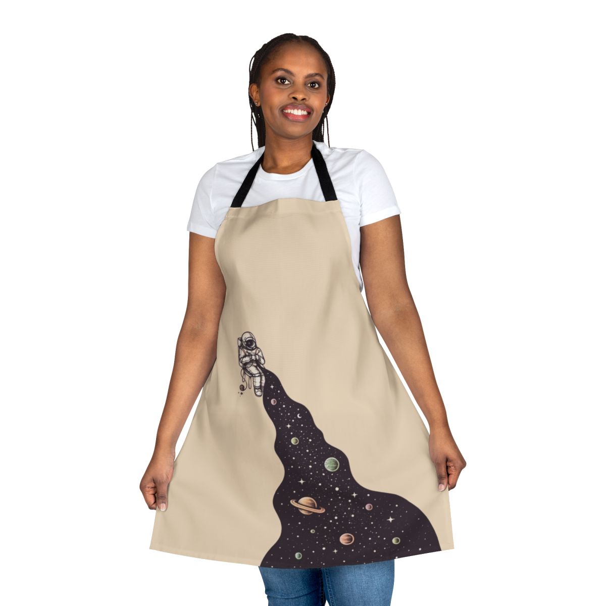 Apron featuring a surreal, cosmic design with stars, planets, and a galaxy
