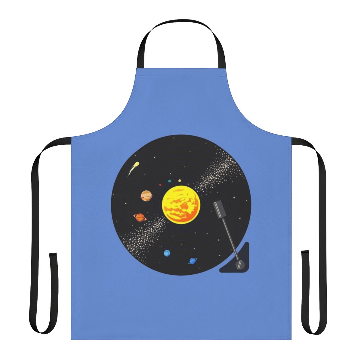 Cosmic Vinyl Record Apron featuring a vibrant solar system design
