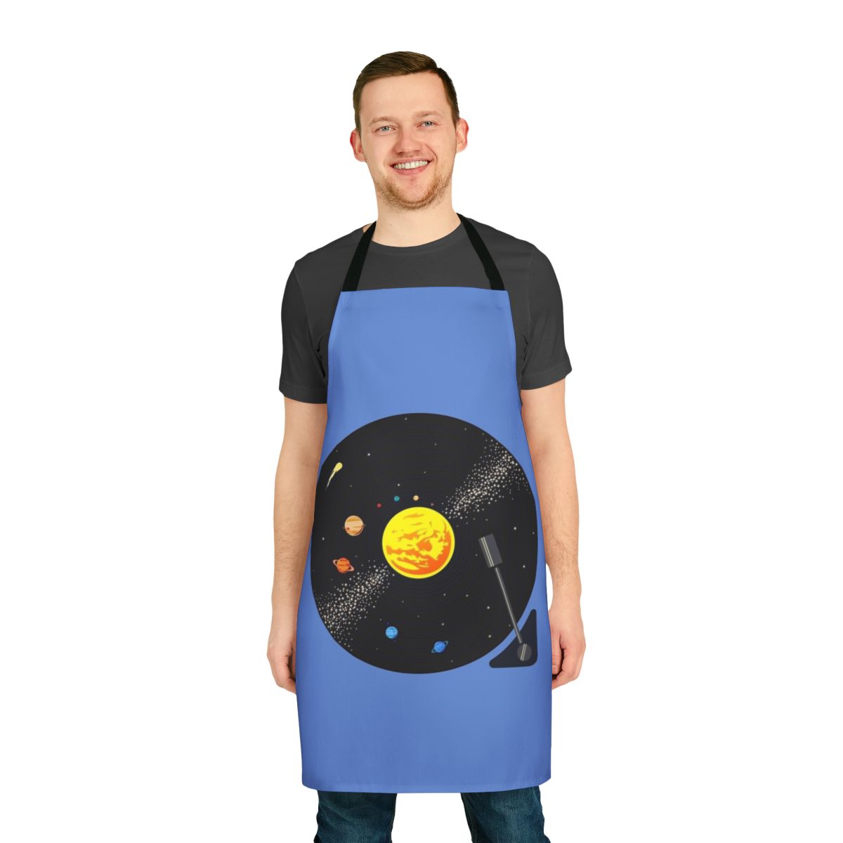 Cosmic Vinyl Record Apron featuring a vibrant solar system design