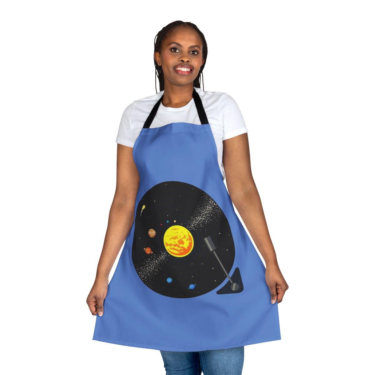 Cosmic Vinyl Record Apron featuring a vibrant solar system design