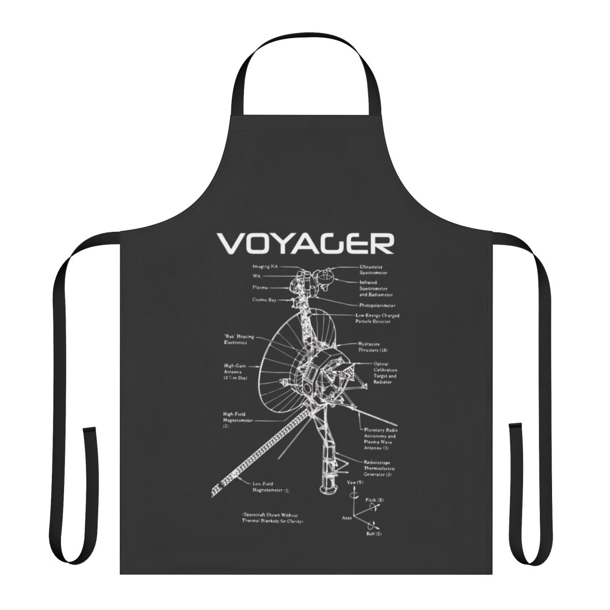 White apron with Voyager spacecraft and cosmic design