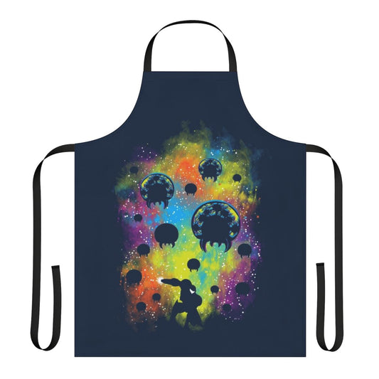Colorful and vibrant galactic warrior-themed apron with blasters, stars, and a space suit design