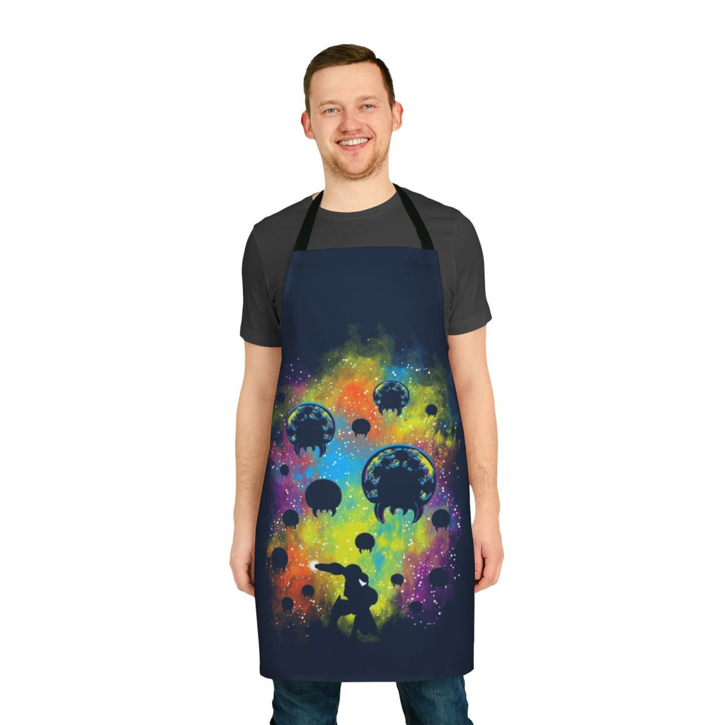 Colorful and vibrant galactic warrior-themed apron with blasters, stars, and a space suit design