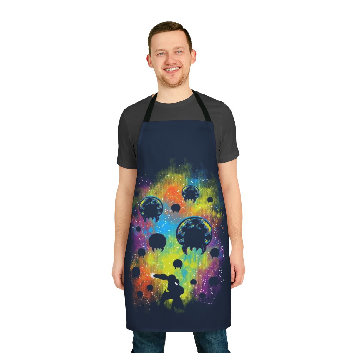 Colorful and vibrant galactic warrior-themed apron with blasters, stars, and a space suit design