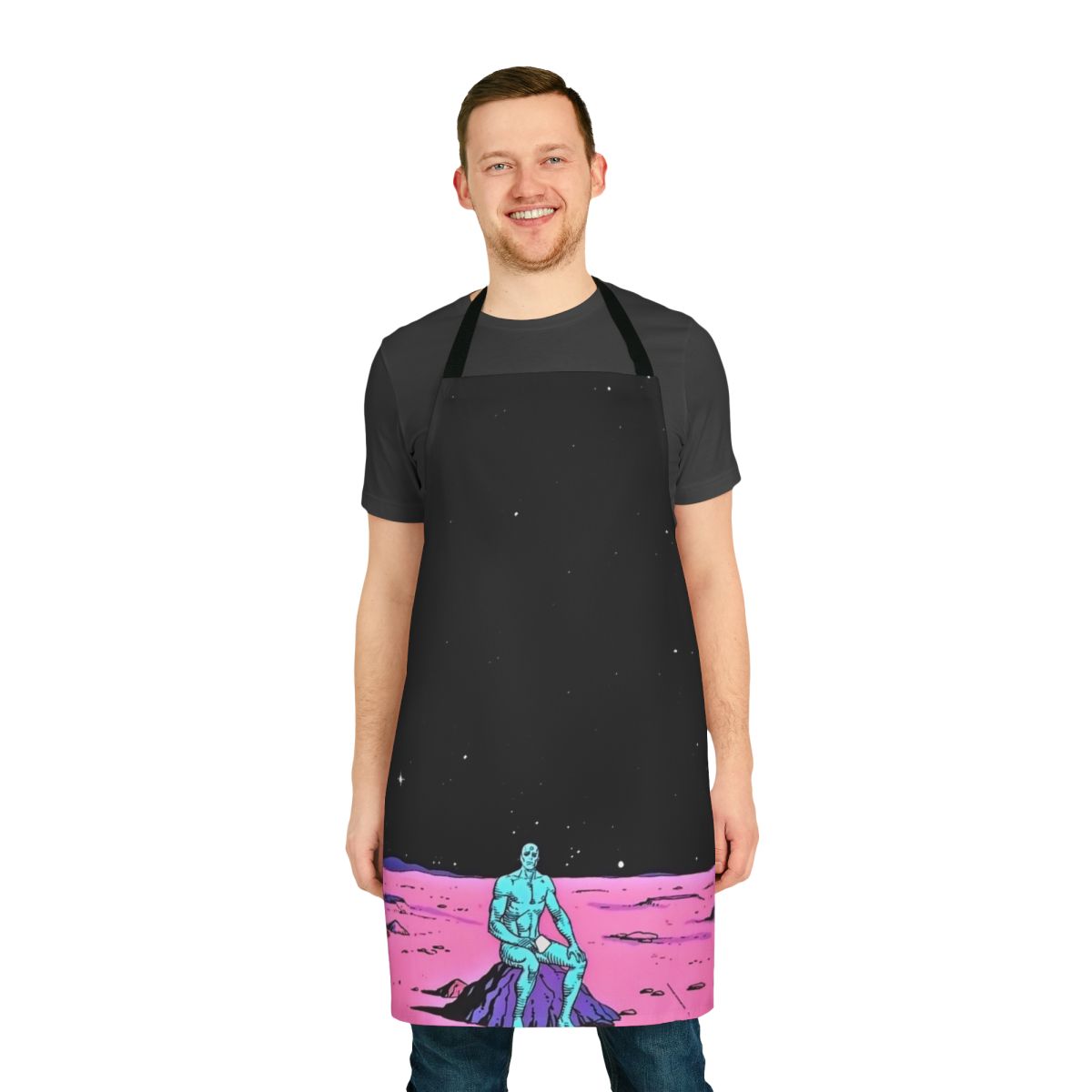 Apron featuring a cosmic-themed illustration of Dr. Manhattan from the Watchmen comic and movie