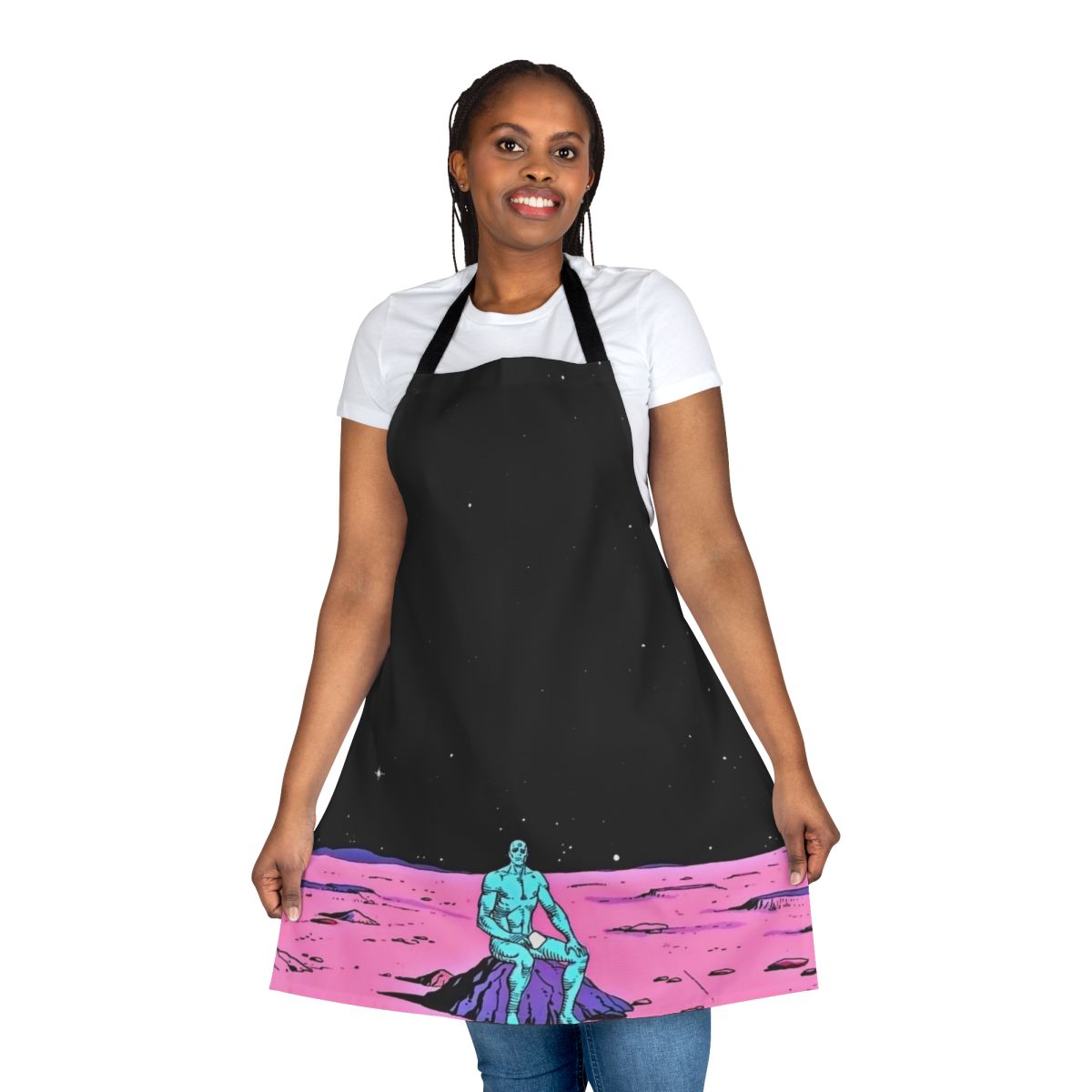 Apron featuring a cosmic-themed illustration of Dr. Manhattan from the Watchmen comic and movie
