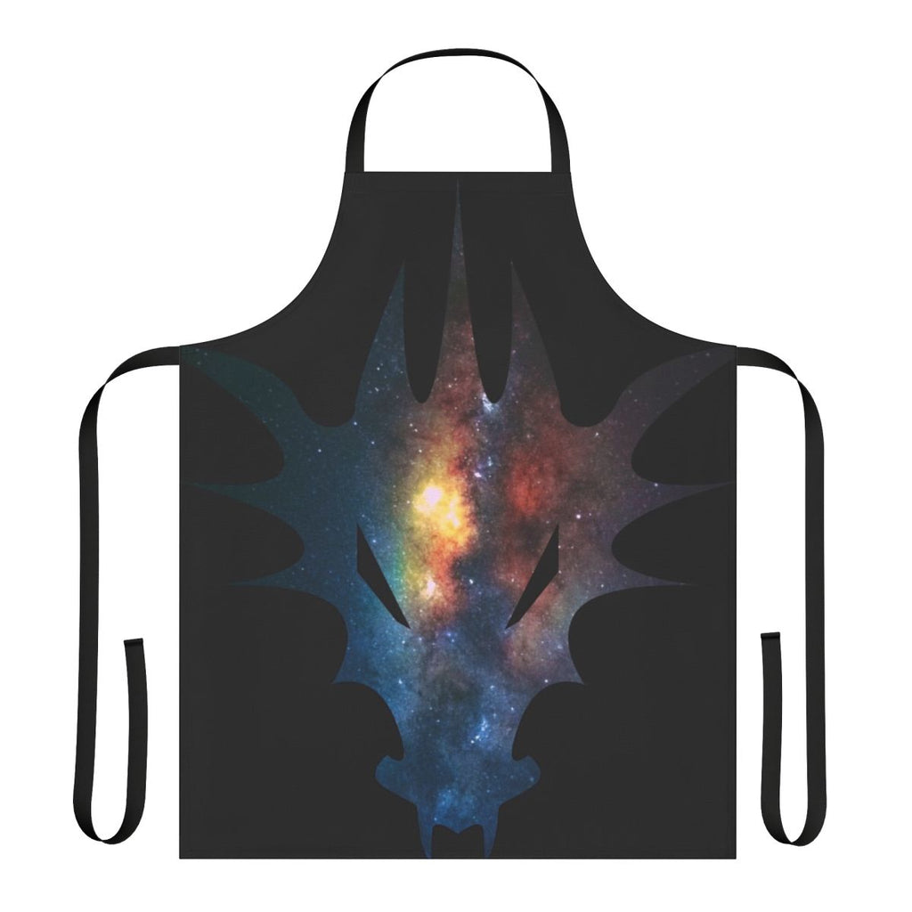 Cosmic watercolor painting of a legendary dragon silhouette on a black apron