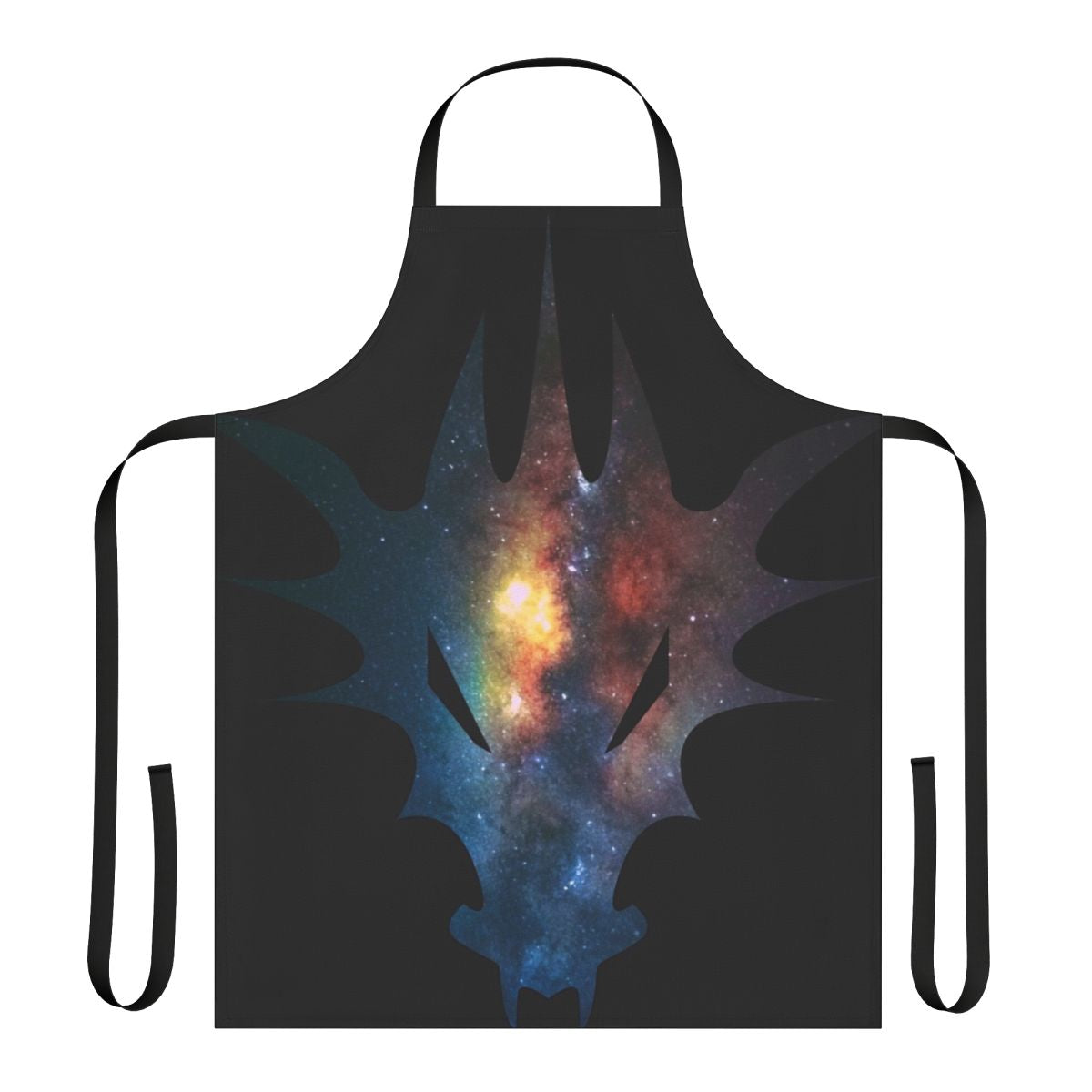 Cosmic watercolor painting of a legendary dragon silhouette on a black apron