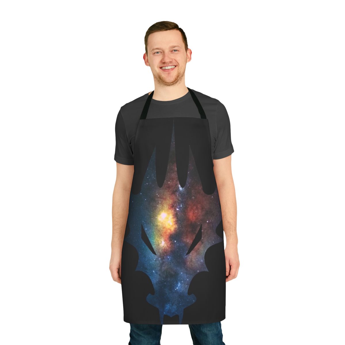 Cosmic watercolor painting of a legendary dragon silhouette on a black apron